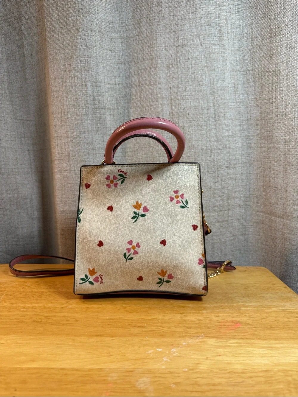 Coach Cream and Pink Floral Mini Crossbody Satchel